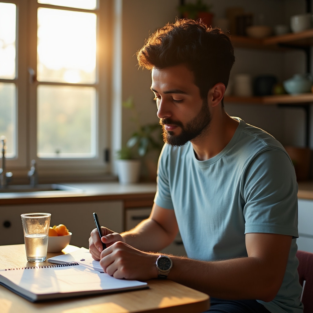 Person in calm morning environment reviewing notes and preparing for an active day