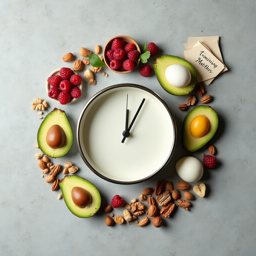 Thoughtful arrangement of food and a clock representing the concept of meal timing and its relationship to energy