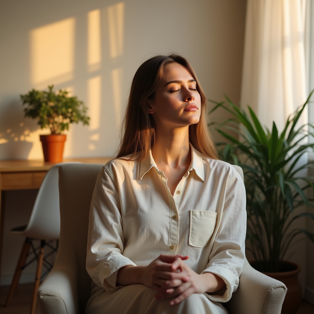 Serene workspace with soft lighting showing someone in a deliberate rest posture representing intentional recovery